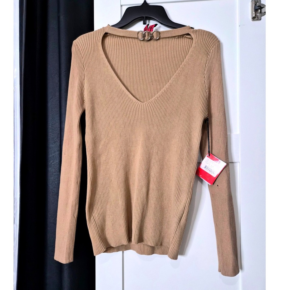 NWT‎ Yoki Camel Tan Ribbed V-Neck Choker Ring Sweater Size XL